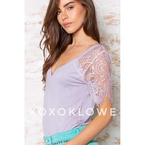 POL Lavender Buttery Soft Lace Sleeve V Neck Premium Tee